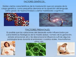 FACTORES GENÈTICOS:
Existen ciertos características de la maduración que son propias de la
carga genética, como pequeñas demoras en la aparición del lenguaje,
cierto grado de hiperactividad o ciertas habilidades cognitivas.
*FACTORES PRENATALES:
Es posible que las variaciones del desarrollo estén influenciados por
características fisiológicas de la madre (edad, número de la gestación,
estado emocional, etc.) Se desconoce la influencia sutil de algunas
patologías leves durante el embarazo: cuadros virales, traumatismos,
clima, etc.
 