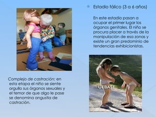  Estadio fálico (3 a 6 años)
En este estadio pasan a
ocupar el primer lugar los
órganos genitales. El niño se
procura placer a través de la
manipulación de esa zonas y
existe un gran predominio de
tendencias exhibicionistas.
Complejo de castración: en
esta etapa el niño se siente
orgullo sus órganos sexuales y
el temor de que algo le pase
se denomina angustia de
castración.
 