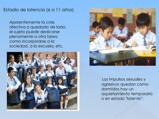 Estadio de latencia (6 a 11 años)
Aparentemente la crisis
afectiva a quedado de lado,
el sujeto puede dedicarse
plenamente a otra tarea
como incorporarse a la
sociedad, a la escuela, etc.
Los impulsos sexuales y
agresivos quedan como
dormidos hay un
aquietamiento temporario
o en estado "latente”.
 