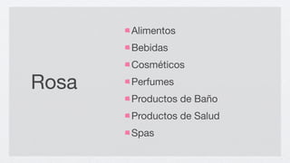 Alimentos
       Bebidas
       Cosméticos

Rosa   Perfumes
       Productos de Baño
       Productos de Salud
       Spas
 
