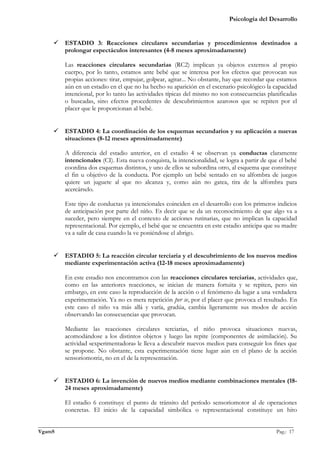 Psicología del Desarrollo


      ESTADIO 3: Reacciones circulares secundarias y procedimientos destinados a
       prolongar espectáculos interesantes (4-8 meses aproximadamente)

          Las reacciones circulares secundarias (RC2) implican ya objetos externos al propio
          cuerpo, por lo tanto, estamos ante bebé que se interesa por los efectos que provocan sus
          propias acciones: tirar, empujar, golpear, agitar... No obstante, hay que recordar que estamos
          aún en un estadio en el que no ha hecho su aparición en el escenario psicológico la capacidad
          intencional, por lo tanto las actividades típicas del mismo no son consecuencias planificadas
          o buscadas, sino efectos procedentes de descubrimientos azarosos que se repiten por el
          placer que le proporcionan al bebé.


      ESTADIO 4: La coordinación de los esquemas secundarios y su aplicación a nuevas
       situaciones (8-12 meses aproximadamente)

          A diferencia del estadio anterior, en el estadio 4 se observan ya conductas claramente
          intencionales (CI). Esta nueva conquista, la intencionalidad, se logra a partir de que el bebé
          coordina dos esquemas distintos, y uno de ellos se subordina otro, al esquema que constituye
          el fin u objetivo de la conducta. Por ejemplo un bebé sentado en su alfombra de juegos
          quiere un juguete al que no alcanza y, como aún no gatea, tira de la alfombra para
          acercárselo.

          Este tipo de conductas ya intencionales coinciden en el desarrollo con los primeros indicios
          de anticipación por parte del niño. Es decir que se da un reconocimiento de que algo va a
          suceder, pero siempre en el contexto de acciones rutinarias, que no implican la capacidad
          representacional. Por ejemplo, el bebé que se encuentra en este estadio anticipa que su madre
          va a salir de casa cuando la ve poniéndose el abrigo.


      ESTADIO 5: La reacción circular terciaria y el descubrimiento de los nuevos medios
       mediante experimentación activa (12-18 meses aproximadamente)

          En este estadio nos encontramos con las reacciones circulares terciarias, actividades que,
          como en las anteriores reacciones, se inician de manera fortuita y se repiten, pero sin
          embargo, en este caso la reproducción de la acción o el fenómeno da lugar a una verdadera
          experimentación. Ya no es mera repetición per se, por el placer que provoca el resultado. En
          este caso el niño va más allá y varía, gradúa, cambia ligeramente sus modos de acción
          observando las consecuencias que provocan.

          Mediante las reacciones circulares terciarias, el niño provoca situaciones nuevas,
          acomodándose a los distintos objetos y luego las repite (componentes de asimilación). Su
          actividad «experimentadora» le lleva a descubrir nuevos medios para conseguir los fines que
          se propone. No obstante, esta experimentación tiene lugar aún en el plano de la acción
          sensoriomotriz, no en el de la representación.


      ESTADIO 6: La invención de nuevos medios mediante combinaciones mentales (18-
       24 meses aproximadamente)

          El estadio 6 constituye el punto de tránsito del período sensoriomotor al de operaciones
          concretas. El inicio de la capacidad simbólica o representacional constituye un hito

_______________________________________________________________________________________________
VgamS                                                                                    Pag.: 17
 