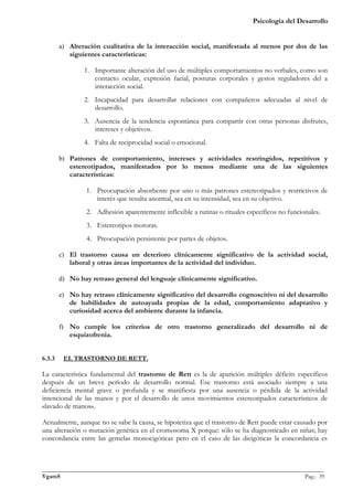 Psicología del Desarrollo


        a) Alteración cualitativa de la interacción social, manifestada al menos por dos de las
           siguientes características:

                1. Importante alteración del uso de múltiples comportamientos no verbales, como son
                   contacto ocular, expresión facial, posturas corporales y gestos reguladores del a
                   interacción social.
                2. Incapacidad para desarrollar relaciones con compañeros adecuadas al nivel de
                   desarrollo.
                3. Ausencia de la tendencia espontánea para compartir con otras personas disfrutes,
                   intereses y objetivos.
                4. Falta de reciprocidad social o emocional.

        b) Patrones de comportamiento, intereses y actividades restringidos, repetitivos y
           estereotipados, manifestados por lo menos mediante una de las siguientes
           características:

                 1. Preocupación absorbente por uno o más patrones estereotipados y restrictivos de
                    interés que resulta anormal, sea en su intensidad, sea en su objetivo.
                 2. Adhesión aparentemente inflexible a rutinas o rituales específicos no funcionales.
                 3. Estereotipos motoras.
                 4. Preocupación persistente por partes de objetos.

        c) El trastorno causa un deterioro clínicamente significativo de la actividad social,
           laboral y otras áreas importantes de la actividad del individuo.

        d) No hay retraso general del lenguaje clínicamente significativo.

        e) No hay retraso clínicamente significativo del desarrollo cognoscitivo ni del desarrollo
           de habilidades de autoayuda propias de la edad, comportamiento adaptativo y
           curiosidad acerca del ambiente durante la infancia.

        f) No cumple los criterios de otro trastorno generalizado del desarrollo ni de
           esquizofrenia.


6.3.3    EL TRASTORNO DE RETT.

La característica fundamental del trastorno de Rett es la de aparición múltiples déficits específicos
después de un breve período de desarrollo normal. Ese trastorno está asociado siempre a una
deficiencia mental grave o profunda y se manifiesta por una ausencia o pérdida de la actividad
intencional de las manos y por el desarrollo de unos movimientos estereotipados característicos de
«lavado de manos».

Actualmente, aunque no se sabe la causa, se hipotetiza que el trastorno de Rett puede estar causado por
una alteración o mutación genética en el cromosoma X porque: sólo se ha diagnosticado en niñas; hay
concordancia entre las gemelas monocigóticas pero en el caso de las dicigóticas la concordancia es



_______________________________________________________________________________________________
VgamS                                                                                    Pag.: 39
 