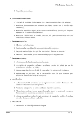 Psicología del Desarrollo


           4. Capacidad de mentalizar.



     d) Funciones comunicativas:

           1. Ausencia de comunicación intencional, y de conductas instrumentales con personas.
           2. Conductas instrumentales con personas para lograr cambios en el mundo físico
              (peticiones).
           3. Conductas comunicativas para pedir (cambiar el mundo físico), pero no para compartir
              experiencias o cambiar el mundo mental.
           4. Conductas comunicativas de declarar, comentar, etc., pero con escasas declaraciones
              subjetivas del mundo interno.

     e) Lenguaje expresivo:

           1. Mutismo total o funcional.
           2. Palabras sueltas o ecolalias. No hay creación formal de oraciones.
           3. Lenguaje oracional, pero sin capacidad para producir discurso o conversar.
           4. Discurso y conversación, pero con alteraciones pragmáticas y prosódicas.

     f) Lenguaje receptivo:

           1. «Sordera central». Tendencia a ignorar el lenguaje.
           2. Asociación de enunciados verbales a conductas propias, sin indicio de que los
              enunciados se asimilen a un código.
           3. Comprensión, literal y poco flexible de enunciados. No se comprende el discurso.
           4. Comprensión del discurso y de la conversación, pero con gran dificultad para
              diferenciar el significado literal del intencional.

     g) Anticipación:

           1. Adherencia inflexible a estímulos que se repiten de forma idéntica. Resistencia a los
              cambios. Falta de conductas anticipatorias.
           2. Conductas anticipatorias en rutinas cotidianas. Oposición a cambios.
           3. Tienen incorporadas estructuras temporales amplias (curso, vs vacaciones), pero puede
              haber reacciones catastróficas ante cambios no previstos.
           4. Alguna capacidad de regular el propio ambiente y de manejar los cambios. Se prefiere
              un orden claro y un ambiente predecible.

     h) Flexibilidad:

           1. Predominan las estereotipias motoras simples.


_______________________________________________________________________________________________
VgamS                                                                                    Pag.: 42
 