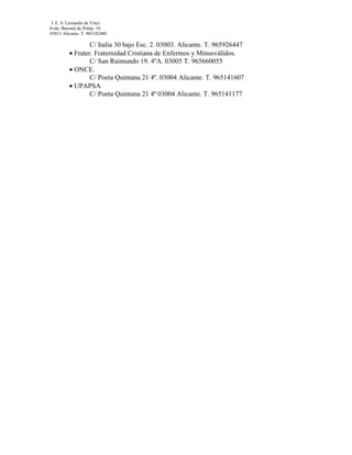 I. E. S. Leonardo da Vinci.
Avda. Baronía de Polóp. 10.
03011 Alicante. T. 965182480

                 C/ Italia 30 bajo Esc. 2. 03003. Alicante. T. 965926447
         • Frater. Fraternidad Cristiana de Enfermos y Minusválidos.
                 C/ San Raimundo 19. 4ºA. 03005 T. 965660055
         • ONCE.
                 C/ Poeta Quintana 21 4º. 03004 Alicante. T. 965141607
         • UPAPSA
                 C/ Poeta Quintana 21 4ª 03004 Alicante. T. 965141177
 