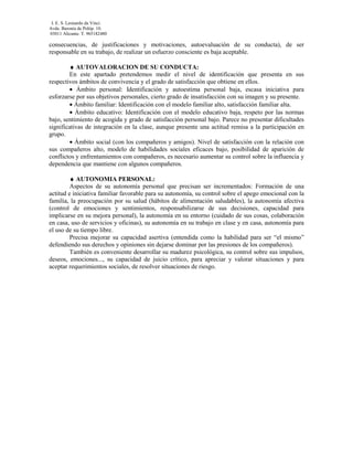 I. E. S. Leonardo da Vinci.
Avda. Baronía de Polóp. 10.
03011 Alicante. T. 965182480

consecuencias, de justificaciones y motivaciones, autoevaluación de su conducta), de ser
responsable en su trabajo, de realizar un esfuerzo consciente es baja aceptable.

        ♦ AUTOVALORACION DE SU CONDUCTA:
        En este apartado pretendemos medir el nivel de identificación que presenta en sus
respectivos ámbitos de convivencia y el grado de satisfacción que obtiene en ellos.
        • Ámbito personal: Identificación y autoestima personal baja, escasa iniciativa para
esforzarse por sus objetivos personales, cierto grado de insatisfacción con su imagen y su presente.
        • Ámbito familiar: Identificación con el modelo familiar alto, satisfacción familiar alta.
        • Ámbito educativo: Identificación con el modelo educativo baja, respeto por las normas
bajo, sentimiento de acogida y grado de satisfacción personal bajo. Parece no presentar dificultades
significativas de integración en la clase, aunque presente una actitud remisa a la participación en
grupo.
        • Ámbito social (con los compañeros y amigos). Nivel de satisfacción con la relación con
sus compañeros alto, modelo de habilidades sociales eficaces bajo, posibilidad de aparición de
conflictos y enfrentamientos con compañeros, es necesario aumentar su control sobre la influencia y
dependencia que mantiene con algunos compañeros.

         ♦ AUTONOMIA PERSONAL:
         Aspectos de su autonomía personal que precisan ser incrementados: Formación de una
actitud e iniciativa familiar favorable para su autonomía, su control sobre el apego emocional con la
familia, la preocupación por su salud (hábitos de alimentación saludables), la autonomía afectiva
(control de emociones y sentimientos, responsabilizarse de sus decisiones, capacidad para
implicarse en su mejora personal), la autonomía en su entorno (cuidado de sus cosas, colaboración
en casa, uso de servicios y oficinas), su autonomía en su trabajo en clase y en casa, autonomía para
el uso de su tiempo libre.
         Precisa mejorar su capacidad asertiva (entendida como la habilidad para ser “el mismo”
defendiendo sus derechos y opiniones sin dejarse dominar por las presiones de los compañeros).
         También es conveniente desarrollar su madurez psicológica, su control sobre sus impulsos,
deseos, emociones..., su capacidad de juicio crítico, para apreciar y valorar situaciones y para
aceptar requerimientos sociales, de resolver situaciones de riesgo.
 