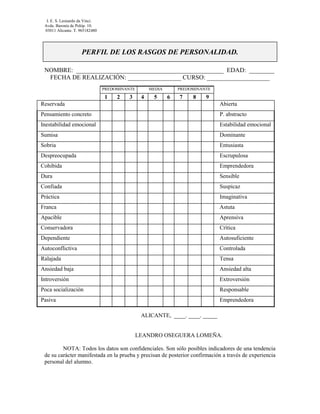 I. E. S. Leonardo da Vinci.
 Avda. Baronía de Polóp. 10.
 03011 Alicante. T. 965182480




                    PERFIL DE LOS RASGOS DE PERSONALIDAD.

 NOMBRE: _______________________________________________ EDAD: ________
  FECHA DE REALIZACIÓN: _________________ CURSO: ____________________
                                PREDOMINANTE        MEDIA       PREDOMINANTE

                                1    2    3     4    5      6   7    8    9
Reservada                                                                      Abierta
Pensamiento concreto                                                           P. abstracto
Inestabilidad emocional                                                        Estabilidad emocional
Sumisa                                                                         Dominante
Sobria                                                                         Entusiasta
Despreocupada                                                                  Escrupulosa
Cohibida                                                                       Emprendedora
Dura                                                                           Sensible
Confiada                                                                       Suspicaz
Práctica                                                                       Imaginativa
Franca                                                                         Astuta
Apacible                                                                       Aprensiva
Conservadora                                                                   Crítica
Dependiente                                                                    Autosuficiente
Autoconflictiva                                                                Controlada
Ralajada                                                                       Tensa
Ansiedad baja                                                                  Ansiedad alta
Introversión                                                                   Extroversión
Poca socialización                                                             Responsable
Pasiva                                                                         Emprendedora

                                                ALICANTE, ____. ____. _____


                                               LEANDRO OSEGUERA LOMEÑA.

         NOTA: Todos los datos son confidenciales. Son sólo posibles indicadores de una tendencia
 de su carácter manifestada en la prueba y precisan de posterior confirmación a través de experiencia
 personal del alumno.
 