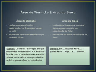 Área de Wernicke
• Lesões nesta área pode provocar
perda quase completa da
capacidade de falar.
• Importante na nossa capacidade de
falar.
Área da Broca
• Lesões nesta área implica
perturbações na linguagem (surdez
verbal).
• Importante para compreender o que
os outros dizem
Exemplo: Descrever a situação em que
dois miúdos roubam bolos: « A mãe está
fora de casa a trabalhar o seu trabalho
para se sentir melhor, mas quando olha
os dois rapazes olham no outro lado.»
Exemplo: Sim… segunda-feira, …
quarta-feira… jogo… e… bilhetes.
 