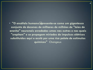 • "O encéfalo humano﻿apresenta-se como um gigantesco
conjunto de dezenas de milhares de milhões de "teias de
aranha" neuronais enredadas umas nas outras e nas quais
"crepitam" e se propagam miríades de impulsos elétricos
substituídos aqui e acolá por uma rica paleta de estímulos
químicos" Changeux
4
 