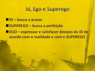 ID – busca o prazer
SUPEREGO – busca a perfeição
EGO – expressar e satisfazer desejos do ID de
 acordo com a realidade e com o SUPEREGO
 