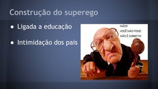 Construção do superego
● Ligada a educação
● Intimidação dos pais
 