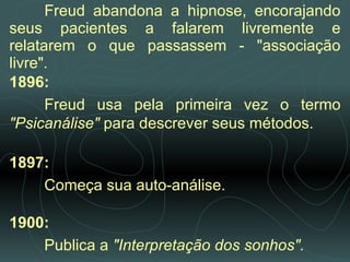 Freud abandona a hipnose, encorajando seus pacientes a falarem livremente e relatarem o que passassem - "associação livre".  1896:  Freud usa pela primeira vez o termo  "Psicanálise"  para descrever seus métodos.   1897:  Começa sua auto-análise.  1900:   Publica a  "Interpretação dos sonhos". 