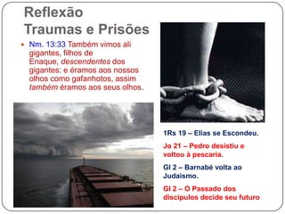 ReflexãoTraumas e PrisõesNm. 13:33 Tambémvimosaligigantes, filhos de Enaque, descendentes dos gigantes: e éramosaosnossosolhoscomogafanhotos, assimtambéméramosaosseusolhos.1Rs 19 – Elias se Escondeu.Jo 21 – Pedro desistiu e voltou à pescaria.Gl 2 – Barnabé volta ao Judaismo.Gl 2 – O Passado dos discípulos decide seu futuro