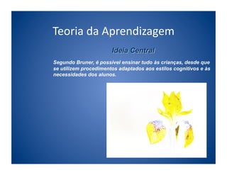 Teoria	
  da	
  Aprendizagem	
  

Segundo Bruner, é possível ensinar tudo às crianças, desde que
se utilizem procedimentos adaptados aos estilos cognitivos e às
necessidades dos alunos.
 