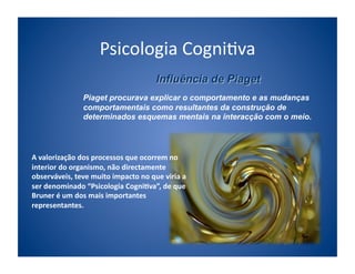 Psicologia	
  Cogni;va	
  

                       Piaget procurava explicar o comportamento e as mudanças
                       comportamentais como resultantes da construção de
                       determinados esquemas mentais na interacção com o meio.




A	
  valorização	
  dos	
  processos	
  que	
  ocorrem	
  no	
  
interior	
  do	
  organismo,	
  não	
  directamente	
  
observáveis,	
  teve	
  muito	
  impacto	
  no	
  que	
  viria	
  a	
  
ser	
  denominado	
  “Psicologia	
  Cogni/va”,	
  de	
  que	
  
Bruner	
  é	
  um	
  dos	
  mais	
  importantes	
  
representantes.	
  	
  
 