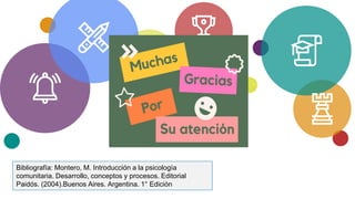 Bibliografía: Montero, M. Introducción a la psicología
comunitaria. Desarrollo, conceptos y procesos. Editorial
Paidós. (2004).Buenos Aires. Argentina. 1° Edición
 
