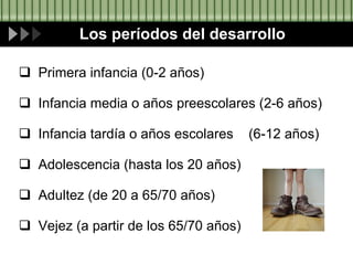 Los períodos del desarrollo Primera infancia (0-2 años) Infancia media o años preescolares (2-6 años) Infancia tardía o años escolares  (6-12 años) Adolescencia (hasta los 20 años) Adultez (de 20 a 65/70 años) Vejez (a partir de los 65/70 años) 
