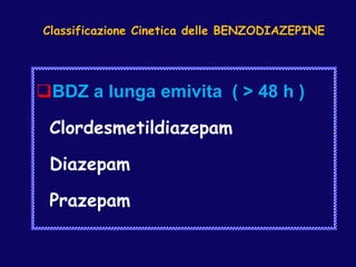 Classificazione Cinetica delle BENZODIAZEPINE
BDZ a lunga emivita ( > 48 h )
Clordesmetildiazepam
Diazepam
Prazepam
 