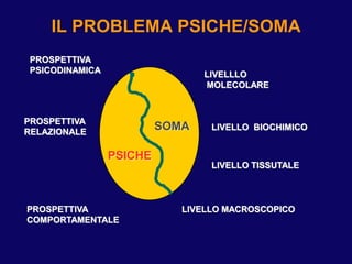 IL PROBLEMA PSICHE/SOMA
PSICHE
SOMA
LIVELLLO
MOLECOLARE
LIVELLO BIOCHIMICO
LIVELLO TISSUTALE
LIVELLO MACROSCOPICO
PROSPETT...