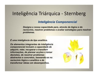 Inteligência	
  Triárquica	
  -­‐	
  Sternberg	
  

            Designa a nossa capacidade para, através da lógica e do
            raciocínio, resolver problemas e avaliar estratégias para resolver
            problemas.


É uma inteligência de tipo analítico.
Os elementos integrantes da inteligência
componencial incluem a capacidade de
adquirir, reter, recuperar e transferir
informações, de planear acções e tomar
decisões, de resolver problemas
abstractos e concretos, baseando-se no
raciocínio lógico e analítico e de
transformar ideias em desempenhos.
 