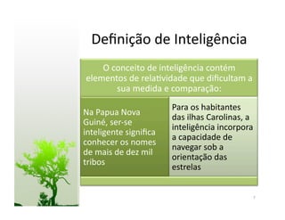 Deﬁnição	
  de	
  Inteligência	
  
     O	
  conceito	
  de	
  inteligência	
  contém	
  
 elementos	
  de	
  rela:vidade	
  que	
  diﬁcultam	
  a	
  
           sua	
  medida	
  e	
  comparação:	
  
                                     Para	
  os	
  habitantes	
  
Na	
  Papua	
  Nova	
  
                                     das	
  ilhas	
  Carolinas,	
  a	
  
Guiné,	
  ser-­‐se	
  
                                     inteligência	
  incorpora	
  
inteligente	
  signiﬁca	
  
                                     a	
  capacidade	
  de	
  
conhecer	
  os	
  nomes	
  
                                     navegar	
  sob	
  a	
  
de	
  mais	
  de	
  dez	
  mil	
  
                                     orientação	
  das	
  
tribos	
  
                                     estrelas	
  


                                                                       7	
  
 