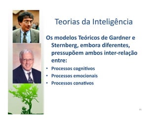 Teorias	
  da	
  Inteligência	
  
Os	
  modelos	
  Teóricos	
  de	
  Gardner	
  e	
  
 Sternberg,	
  embora	
  diferentes,	
  
 pressupõem	
  ambos	
  inter-­‐relação	
  
 entre:	
  
•  Processos	
  cogni5vos	
  
•  Processos	
  emocionais	
  
•  Processos	
  cona5vos	
  



                                                      45	
  
 
