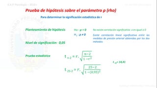 Prueba de hipótesis sobre el parámetro ρ (rho)
Prueba estadística
Para determinar la significación estadística de r
t n-2 = 𝑟.
𝑛−2
1 −𝑟2
Nivel de significación: 0,05
Planteamiento de hipótesis Ho : ρ = 0
H1 : ρ ≠ 0
t 25-2 = 𝑟.
25−2
1 −(0,95)2
t 23= 14,41
Existe correlación lineal significativa entre las
medidas de presión arterial obtenidas por los dos
métodos
No existe correlación significativa o es igual a 0
 