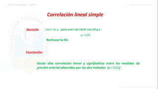 Rechazar la Ho
Conclusión:
Decisión Valor de p: para una t de 14,41 con 23 g.l.:
p˂ 0,05
Existe alta correlación lineal y significativa entre las medidas de
presión arterial obtenidas por los dos métodos (p˂ 0,05)
Correlación lineal simple
 