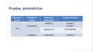 Pruebas paramétricas
Número de
grupos
Variable de
interés
Parámetro
poblacional
Prueba estadística
Uno
Cuantitativa
Media: μ Prueba Z
Prueba T
Varianza: σ2 Chi cuadrada
Cualitativa Proporción Prueba Z
 