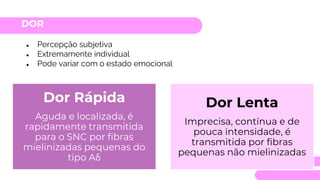 DOR
● Percepção subjetiva
● Extremamente individual
● Pode variar com o estado emocional
Dor Rápida
Aguda e localizada, é
rapidamente transmitida
para o SNC por fibras
mielinizadas pequenas do
tipo Aδ
Dor Lenta
Imprecisa, contínua e de
pouca intensidade, é
transmitida por fibras
pequenas não mielinizadas
 