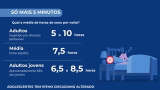 SÓ MAIS 5 MINUTOS
Média
Sugerido por diversas
pesquisas
Adultos jovens
Aproximadamente 68%
dos jovens
Entre adultos
5 a 10 horas
7,5 horas
6,5 a 8,5 horas
ADOLESCENTES TEM RITMO CIRCADIANO ALTERADO
Adultos
Qual a média de horas de sono por noite?
 