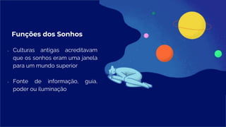 Funções dos Sonhos
● Culturas antigas acreditavam
que os sonhos eram uma janela
para um mundo superior
● Fonte de informação, guia,
poder ou iluminação
 