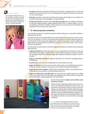 La psicomotricidad y la evolución psicomotriz de 0 a 6 años8
142
• El espacio:	relaciones	espaciales	(localización,	orientación	y	organización)	y	vivencia	del	
espacio	interior	que	tiene	que	ver	con	la	lateralidad,	y	del	espacio	de	acción,	que	tiene	que	
ver	con	el	movimiento.
• El tiempo:	percibido	a	través	del	movimiento	del	cuerpo	y	de	los	objetos	en	su	relación	con	
el	sonido,	la	percusión,	las	intensidades	y	a	través	del	baile.
• El objeto de estudio:	se	pueden	utilizar	dos tipos de objetos	para	un	trabajo	combinado	y	
de	contraste:	objetos	blandos	y	ligeros	(pelotas,	globos,	telas...)	y	objetos	rígidos	y	con	for-
ma	estable	(con	distintos	tamaños,	colores,	formas,	etc.)	que	sirvan	como	instrumentos	de	
manipulación	(picas,	tacos,	aros,	zancos,	etc.).
D. Nivel proyectivo-simbólico
Las	situaciones	proyectivo-simbólicas	aparecen	determinadas	por	la	capacidad	simbólica	y	
representativa	del	niño.
Las	situaciones	de	este	nivel	dependerán	de	las	capacidades	de	evocación	de	los	niños	en	rela-
ción	con	los	objetos,	la	música	o	las	producciones	propias	y	los	demás	(posturas,	gestos	y	
movimientos).	El	niño	necesita	del	lenguaje	(nos	referimos	a	cualquier	relación	significante-
significado).	Esta	apropiación	del	mundo,	de	la	realidad,	el	niño	la	hace	junto	a	otros,	favore-
ciendo	la	socialización.
A	continuación	se	sistematizan	los	distintos	juegos	presimbólicos	y	simbólicos	que	el	educador	
debe	potenciar:
• Juegos presimbólicos:	relacionados	con	las	cinco	capacidades	comunicativas	con	las	que	
nace	el	bebé:	mirar,	elegir,	necesitar,	imitar	y	expresar.	Relacionados	con	acciones	contrasta-
das	de	apego/conquista,	por	ejemplo	juegos	que	impliquen	esconderse	y	aparecer,	como	el	
cucutrás.
• Juegos y actividades simbólicos: juegos	de	evocación;	son	situaciones	de	juego	puramen-
te	simbólicos.
• Escenificación:	son	situaciones	establecidas	con	anterioridad	a	la	acción.
• Juegos de fantasía:	son	situaciones	en	que	los	niños	rompen	con	la	realidad,	pero	conscien-
tes	de	que	lo	están	haciendo:	«¿vale	que	yo	era	invisible	y	atravesaba	las	paredes?»
• Juegos sociomotrices reglados:	implican	que	la	interacción	motriz	con	los	demás	está	es-
tructurada,	hay	unas	normas	y	una	meta	(véase	la	Fig.	8.12).
• Juegos de codificación y decodificación:	son	situaciones	que	implican	pasar	de	un	código	
a	otro	y,	por	tanto,	cierto	nivel	de	análisis;	por	ejemplo,	pintar	música,	pintar	el	cuento	que	
hemos	escuchado	o	expresar	grafismos	con	movimientos.
En	este	nivel	se	utiliza	el objeto como símbolo, como
elemento evocador.
Pueden	utilizarse	cualesquiera	de	los	anteriores	en	fun-
ción	de	la	capacidad	manipulativa	de	los	niños.	Son	
esenciales	los	elementos	para	las	construcciones	de	
objetos	y	de	espacios	(palos,	ladrillos,	elementos	de	go-
maespuma,	tacos,	bloques,	construcciones	de	distintos	
tamaños	y	formas,	también	plastilinas,	engrudo,	arci-
lla)	y	para	representaciones	dramatizadas	(telas,	coji-
nes,	disfraces,	pinturas	y	otros	elementos	para	juego	
simbólico).
Fig. 8.12. Cuando	el	niño	juega	a	esconderse	y	salir	de	
su	escondite,	busca	la	mirada	del	otro	a	través	de	la	cual	
existe.	Enumera	acciones	concretas	que	los	niños	puedan	
realizar	en	la	sala	de	psicomotricidad	y	que	nos	indiquen	
que	están	en	el	nivel	proyectivo-simbólico.
Con	el	juego	tradicional	del	cucu-
trás	ayudamos	al	bebé	a	entender	
que	las	cosas	no	desaparecen	eter-
namente,	sino	momentáneamente,	
además	de	ayudarles	a	descubrir	su	
cuerpo	y	su	propia	identidad.
Claves y consejos
w
w
w
.m
cgraw
-hill.es
 