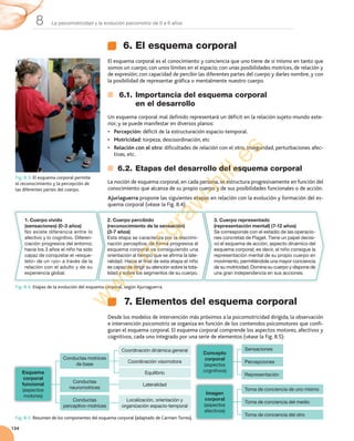 La psicomotricidad y la evolución psicomotriz de 0 a 6 años8
134
6. El esquema corporal
El	esquema	corporal	es	el	conocimiento	y	conciencia	que	uno	tiene	de	sí	mismo	en	tanto	que	
somos	un	cuerpo,	con	unos	límites	en	el	espacio;	con	unas	posibilidades	motrices,	de	relación	y	
de	expresión;	con	capacidad	de	percibir	las	diferentes	partes	del	cuerpo	y	darles	nombre,	y	con	
la	posibilidad	de	representar	gráfica	o	mentalmente	nuestro	cuerpo.
6.1. Importancia del esquema corporal
en el desarrollo
Un	esquema	corporal	mal	definido	representará	un	déficit	en	la	relación	sujeto-mundo	exte-
rior,	y	se	puede	manifestar	en	diversos	planos:
• Percepción:	déficit	de	la	estructuración	espacio-temporal.
• Motricidad:	torpeza,	descoordinación,	etc	
• Relación con el otro:	dificultades	de	relación	con	el	otro,	inseguridad,	perturbaciones	afec-
tivas,	etc.
6.2. Etapas del desarrollo del esquema corporal
La	noción	de	esquema	corporal,	en	cada	persona,	se	estructura	progresivamente	en	función	del	
conocimiento	que	alcanza	de	su	propio	cuerpo	y	de	sus	posibilidades	funcionales	o	de	acción.
Ajuriaguerra	propone	las	siguientes	etapas	en	relación	con	la	evolución	y	formación	del	es-
quema	corporal	(véase	la	Fig.	8.4):
Fig. 8.3. El	esquema	corporal	permite	
el	reconocimiento	y	la	percepción	de	
las	diferentes	partes	del	cuerpo.
Fig. 8.4. Etapas	de	la	evolución	del	esquema	corporal,	según	Ajuriaguerra.
Fig. 8.5. Resumen	de	los	componentes	del	esquema	corporal	(adaptado	de	Carmen	Torres).
7. Elementos del esquema corporal
Desde	los	modelos	de	intervención	más	próximos	a	la	psicomotricidad	dirigida,	la	observación	
e	intervención	psicomotriz	se	organiza	en	función	de	los	contenidos	psicomotores	que	confi-
guran	el	esquema	corporal.	El	esquema	corporal	comprende	los	aspectos	motores,	afectivos	y	
cognitivos,	cada	uno	integrado	por	una	serie	de	elementos	(véase	la	Fig.	8.5):
Fig. 8.4. Etapas	de	la	evolución	del	esquema	corporal,	según	Ajuriaguerra.
1. Cuerpo vivido
(sensaciones) (0-3 años)
No existe diferencia entre lo
afectivo y lo cognitivo. Diferen-
ciación progresiva del entorno;
hacia los 3 años el niño ha sido
capaz de conquistar el «esque-
leto» de un «yo» a través de la
relación con el adulto y de su
experiencia global.
quema	corporal	(véase	la	Fig.	8.4):
Etapas	de	la	evolución	del	esquema	corporal,	según	Ajuriaguerra.
quema	corporal	(véase	la	Fig.	8.4):
Etapas	de	la	evolución	del	esquema	corporal,	según	Ajuriaguerra.
2. Cuerpo percibido
(reconocimiento de la sensación)
(3-7 años)
Esta etapa se caracteriza por la discrimi-
nación perceptiva; de forma progresiva el
esquema corporal va consiguiendo una
orientación al tiempo que se afirma la late-
ralidad. Hacia el final de esta etapa el niño
es capaz de dirigir su atención sobre la tota-
lidad y sobre los segmentos de su cuerpo.
3. Cuerpo representado
(representación mental) (7-12 años)
Se corresponde con el estadio de las operacio-
nes concretas de Piaget. Tiene un papel decisi-
vo el esquema de acción, aspecto dinámico del
esquema corporal; es decir, el niño consigue la
representación mental de su propio cuerpo en
movimiento, permitiéndole una mayor conciencia
de su motricidad. Domina su cuerpo y dispone de
una gran independencia en sus acciones.
Esquema
corporal
funcional
(aspectos
motores)
Coordinación dinámica general
Coordinación visomotora
Equilibrio
Localización, orientación y
organización espacio-temporal
Lateralidad
Concepto
corporal
(aspectos
cognitivos)
Sensaciones
Percepciones
Representación
Imagen
corporal
(aspectos
afectivos)
Toma de conciencia de uno mismo
Toma de conciencia del medio
Toma de conciencia del otro
Conductas motrices
de base
Conductas
perceptivo-motrices
Conductas
neuromotrices
w
w
w
.m
cgraw
-hill.es
 