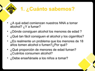1. ¿Cuánto sabemos? ¿A qué edad comienzan nuestros NNA a tomar alcohol? ¿Y a fumar? ¿Dónde consiguen alcohol los menores de edad ? ¿Qué tan fácil consiguen el alcohol y los cigarrillos? ¿Es realmente un problema que los menores de 18 años tomen alcohol o fumen?¿Por qué? ¿Qué proporción de menores de edad fuman?¿Cuántos consumen alcohol? ¿Debe enseñársele a los niños a tomar? 