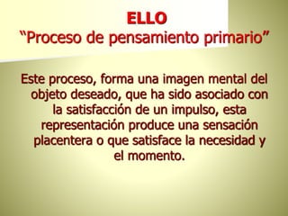 ELLO
“Proceso de pensamiento primario”
Este proceso, forma una imagen mental del
objeto deseado, que ha sido asociado con
la satisfacción de un impulso, esta
representación produce una sensación
placentera o que satisface la necesidad y
el momento.
 