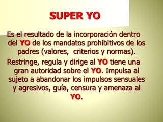 SUPER YO
Es el resultado de la incorporación dentro
del YO de los mandatos prohibitivos de los
padres (valores, criterios y normas).
Restringe, regula y dirige al YO tiene una
gran autoridad sobre el YO. Impulsa al
sujeto a abandonar los impulsos sensuales
y agresivos, guía, censura y amenaza al
YO.
 