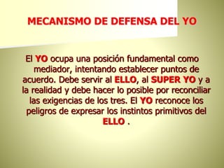 MECANISMO DE DEFENSA DEL YO
El YO ocupa una posición fundamental como
mediador, intentando establecer puntos de
acuerdo. Debe servir al ELLO, al SUPER YO y a
la realidad y debe hacer lo posible por reconciliar
las exigencias de los tres. El YO reconoce los
peligros de expresar los instintos primitivos del
ELLO .
 