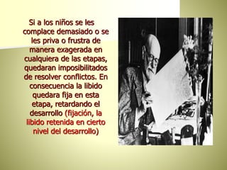 Si a los niños se les
complace demasiado o se
les priva o frustra de
manera exagerada en
cualquiera de las etapas,
quedaran imposibilitados
de resolver conflictos. En
consecuencia la libido
quedara fija en esta
etapa, retardando el
desarrollo (fijación, la
libido retenida en cierto
nivel del desarrollo)
 