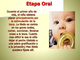 Etapa Oral
Durante el primer año de
vida, el niño obtiene
placer principalmente por
la estimulación de la
boca. La libido se centra
en los goces orales,
comer, succionar, llevarse
cosas a la boca. Cuanto
mas difícil le sea el niño
dejar el pecho (debido a
una sobre gratificación o
a la privación) Mas libido
quedara fijada allí.
 