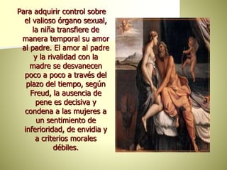 Para adquirir control sobre
el valioso órgano sexual,
la niña transfiere de
manera temporal su amor
al padre. El amor al padre
y la rivalidad con la
madre se desvanecen
poco a poco a través del
plazo del tiempo, según
Freud, la ausencia de
pene es decisiva y
condena a las mujeres a
un sentimiento de
inferioridad, de envidia y
a criterios morales
débiles.
 