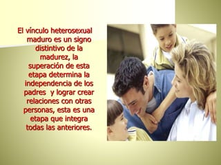 El vínculo heterosexual
maduro es un signo
distintivo de la
madurez, la
superación de esta
etapa determina la
independencia de los
padres y lograr crear
relaciones con otras
personas, esta es una
etapa que integra
todas las anteriores.
 