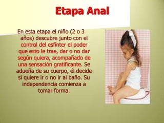 Etapa AnalEn esta etapa el niño (2 o 3 años) descubre junto con el control del esfínter el poder que esto le trae, dar o no dar según quiera, acompañado de una sensación gratificante. Se adueña de su cuerpo, él decide si quiere ir o no ir al baño. Su independencia comienza a tomar forma.