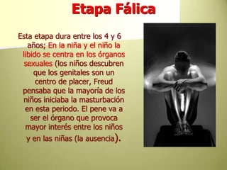 Etapa FálicaEsta etapa dura entre los 4 y 6 años; En la niña y el niño la libido se centra en los órganos sexuales (los niños descubren que los genitales son un centro de placer, Freud pensaba que la mayoría de los niños iniciaba la masturbación en esta periodo. El pene va a ser el órgano que provoca mayor interés entre los niños y en las niñas (la ausencia).