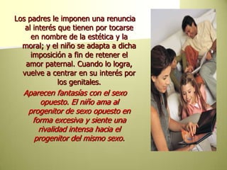 Los padres le imponen una renuncia al interés que tienen por tocarse en nombre de la estética y la moral; y el niño se adapta a dicha imposición a fin de retener el amor paternal. Cuando lo logra, vuelve a centrar en su interés por los genitales.Aparecen fantasías con el sexo opuesto. El niño ama al progenitor de sexo opuesto en forma excesiva y siente una rivalidad intensa hacia el progenitor del mismo sexo.