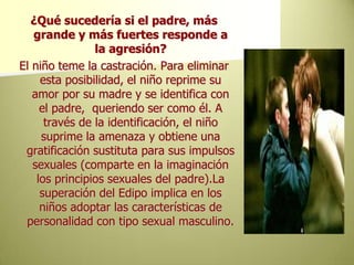 ¿Qué sucedería si el padre, más grande y más fuertes responde a la agresión?El niño teme la castración. Para eliminar esta posibilidad, el niño reprime su amor por su madre y se identifica con el padre,  queriendo ser como él. A través de la identificación, el niño suprime la amenaza y obtiene una gratificación sustituta para sus impulsos sexuales (comparte en la imaginación los principios sexuales del padre).La superación del Edipo implica en los niños adoptar las características de personalidad con tipo sexual masculino.