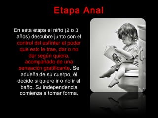Etapa Anal
En esta etapa el niño (2 o 3En esta etapa el niño (2 o 3
años) descubre junto con elaños) descubre junto con el
control del esfínter el podercontrol del esfínter el poder
que esto le trae, dar o noque esto le trae, dar o no
dar según quiera,dar según quiera,
acompañado de unaacompañado de una
sensación gratificantesensación gratificante. Se. Se
adueña de su cuerpo, éladueña de su cuerpo, él
decide si quiere ir o no ir aldecide si quiere ir o no ir al
baño. Su independenciabaño. Su independencia
comienza a tomar forma.comienza a tomar forma.
 