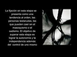 La fijación en esta etapa se
presenta como una
tendencia al orden, las
personas testarudas, las
que pueden caer en el
masoquismo o el
sadismo. El objetivo de
superar esta etapa es
lograr la autonomía y la
independencia además
del control de uno mismo
 