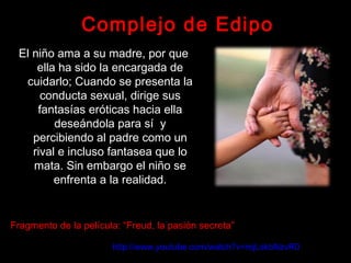 Complejo de Edipo
El niño ama a su madre, por que
ella ha sido la encargada de
cuidarlo; Cuando se presenta la
conducta sexual, dirige sus
fantasías eróticas hacia ella
deseándola para sí y
percibiendo al padre como un
rival e incluso fantasea que lo
mata. Sin embargo el niño se
enfrenta a la realidad.
http://www.youtube.com/watch?v=mjLskbNzvR0
Fragmento de la película: “Freud, la pasión secreta”
 