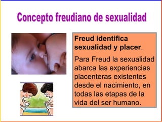 Freud identifica
sexualidad y placer.
Para Freud la sexualidad
abarca las experiencias
placenteras existentes
desde el nacimiento, en
todas las etapas de la
vida del ser humano.
 