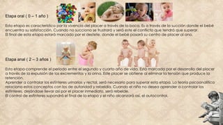 Etapa oral ( 0 – 1 año )
Esta etapa es característica por la vivencia del placer a través de la boca. Es a través de la succión donde el bebé
encuentra su satisfacción. Cuando no succiona se frustrará y será este el conflicto que tendrá que superar.
El final de esta etapa estará marcado por el destete, donde el bebé pasará su centro de placer al ano.
Etapa anal ( 2 – 3 años )
Esta etapa comprende el periodo entre el segundo y cuarto año de vida. Está marcada por el desarrollo del placer
a través de la expulsión de los excrementos y la orina. Este placer se obtiene al eliminar la tensión que produce la
retención.
Aprender a controlar los esfínteres urinarios y rectal, será necesario para superar esta etapa. La teoría psicoanalítica
relaciona estos conceptos con los de autoridad y rebeldía. Cuando el niño no desea aprender a controlar los
esfínteres, dejándose llevar así por el placer inmediato, será rebelde.
El control de esfínteres supondrá el final de la etapa y el niño alcanzará así, el autocontrol.
 